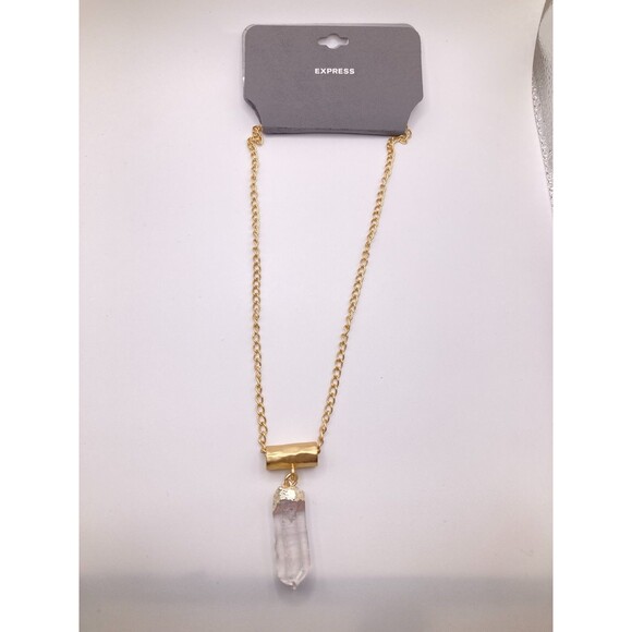 EXPRESS Worn Gold Tone Cloudy Imperfect Translucent Crystal Pendant 16" NEW - Picture 1 of 10